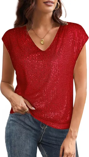 GRACE KARIN V Neck Sequin Short Sleeve Tops for Women Elastic Sparkly Tank Top for Party