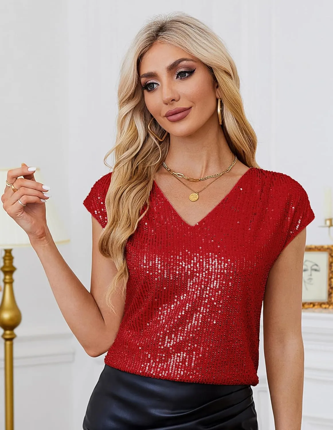 GRACE KARIN V Neck Sequin Short Sleeve Tops for Women Elastic Sparkly Tank Top for Party
