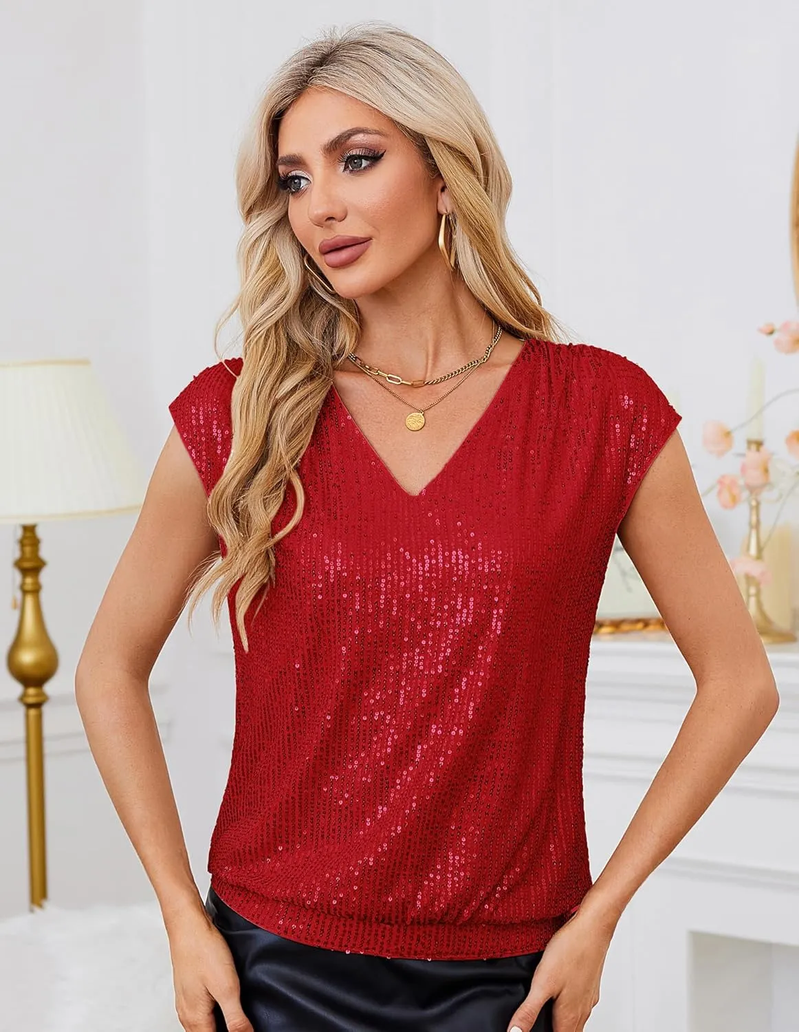 GRACE KARIN V Neck Sequin Short Sleeve Tops for Women Elastic Sparkly Tank Top for Party