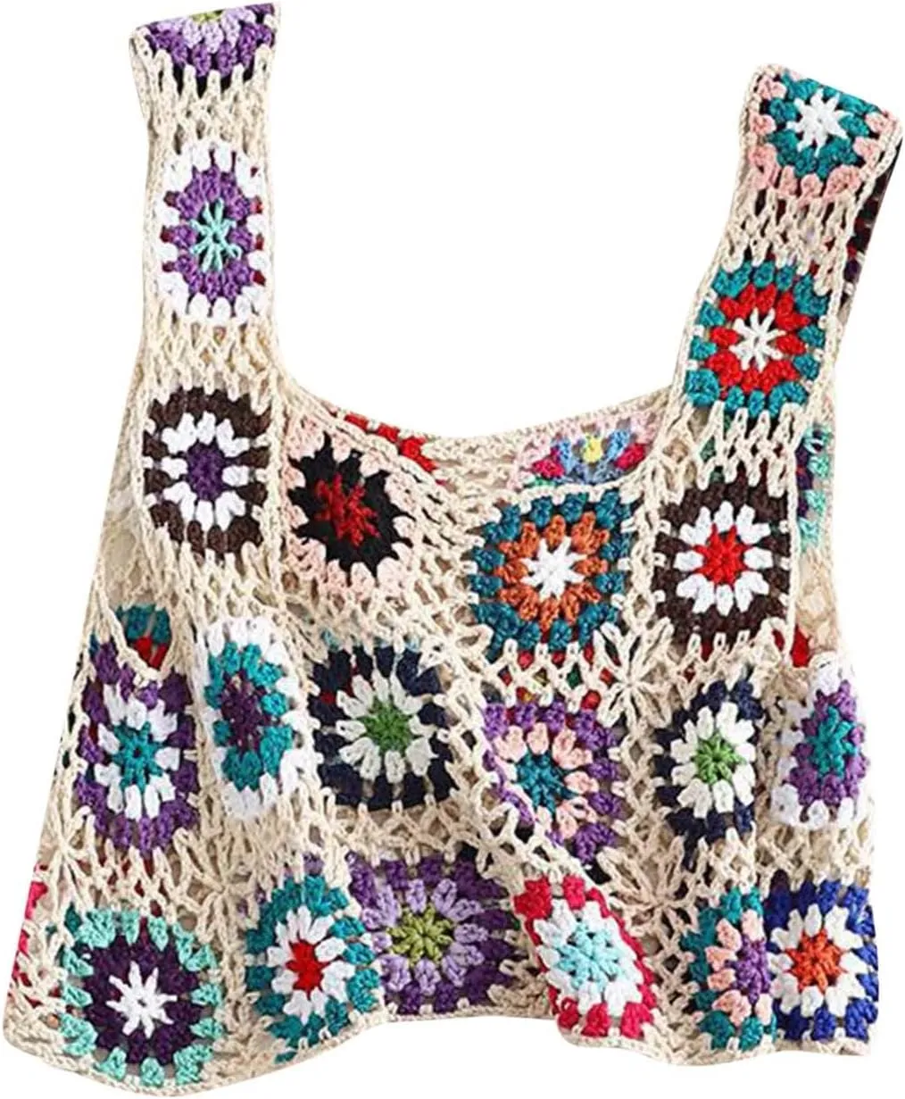 HGps8w Boho Crochet Crop Tank Top for Colorful Floral Embroidery Knit Vest Tops Hollow Out Camisole Beachwear