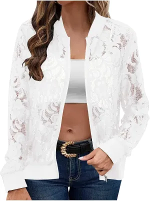 HGps8w Floral Lace Jackets for Women's Stand Collar Zip Up Mesh Sheer Baseball Jacket