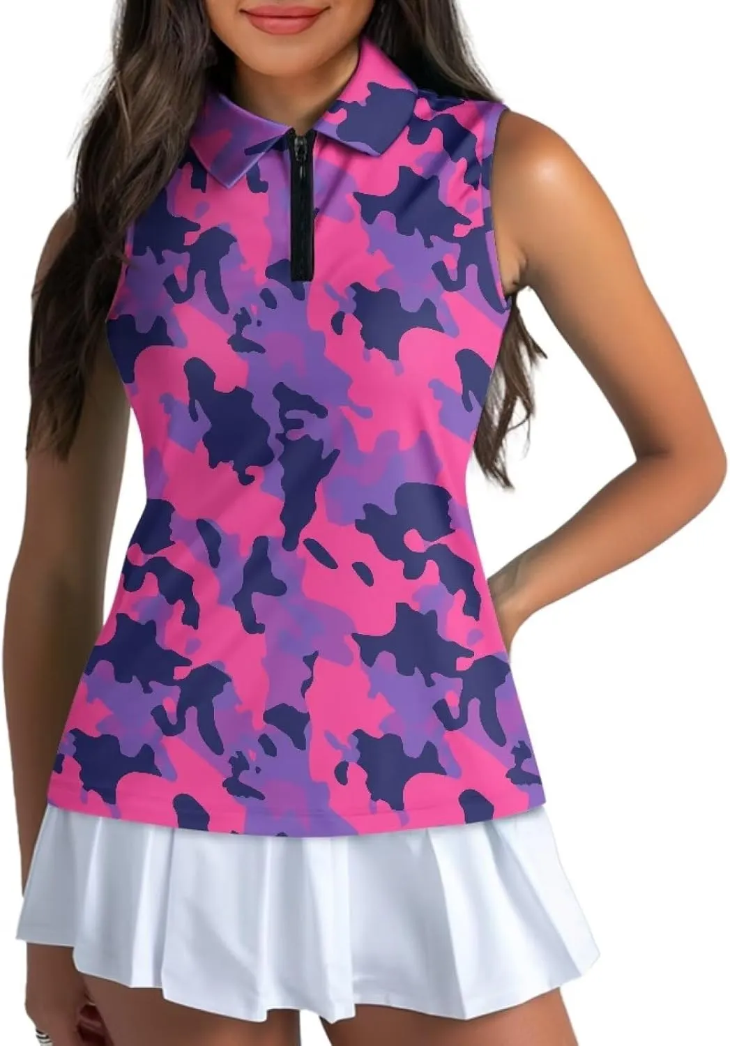 Irisjudy Women Golf Tank Tops Sea Turtle Totem Sleeveless Quarter Zip Workout Tennis T-Shirts Pink Fires Athletic Polo Shirts