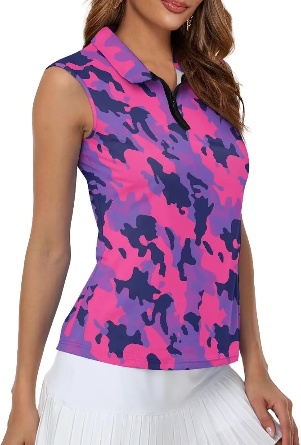 Irisjudy Women Golf Tank Tops Sea Turtle Totem Sleeveless Quarter Zip Workout Tennis T-Shirts Pink Fires Athletic Polo Shirts