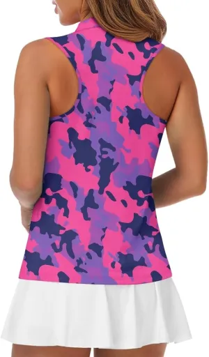 Irisjudy Women Golf Tank Tops Sea Turtle Totem Sleeveless Quarter Zip Workout Tennis T-Shirts Pink Fires Athletic Polo Shirts