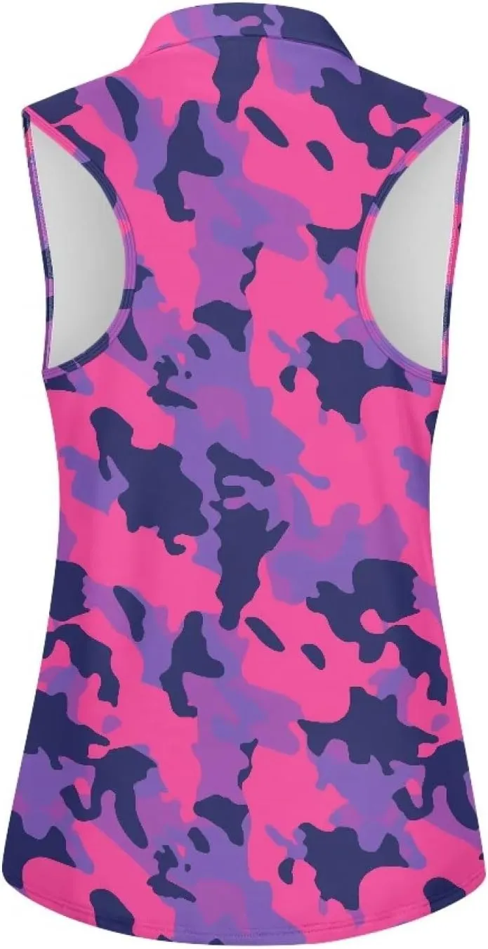 Irisjudy Women Golf Tank Tops Sea Turtle Totem Sleeveless Quarter Zip Workout Tennis T-Shirts Pink Fires Athletic Polo Shirts