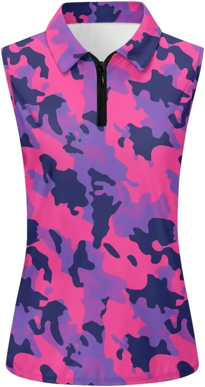 Irisjudy Women Golf Tank Tops Sea Turtle Totem Sleeveless Quarter Zip Workout Tennis T-Shirts Pink Fires Athletic Polo Shirts