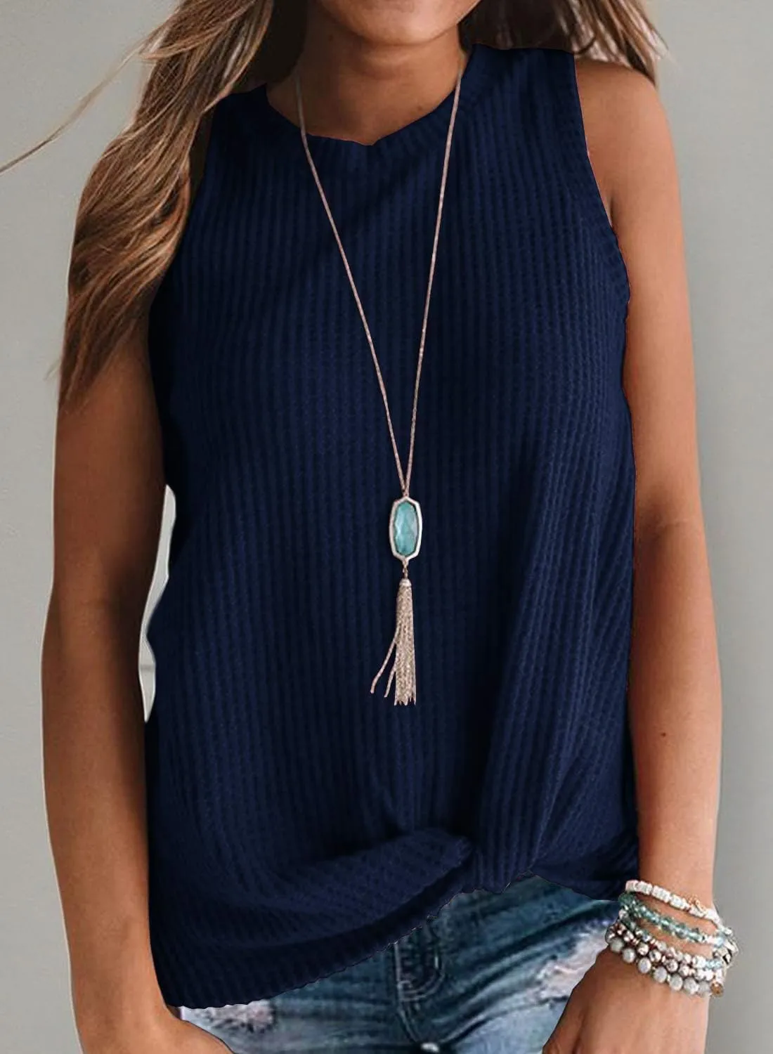 IWOLLENCE Womens Waffle Knit Tank Tops Casual Blouse Sleeveless Cute Twist Knot Tunic