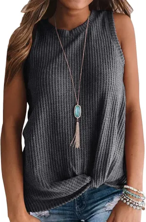 IWOLLENCE Womens Waffle Knit Tank Tops Casual Blouse Sleeveless Cute Twist Knot Tunic