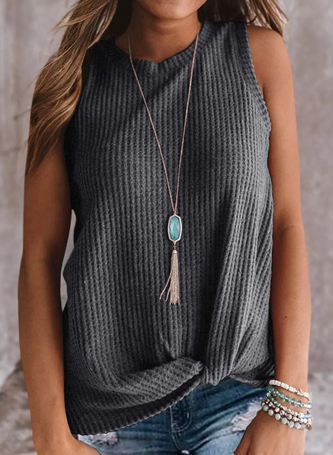 IWOLLENCE Womens Waffle Knit Tank Tops Casual Blouse Sleeveless Cute Twist Knot Tunic