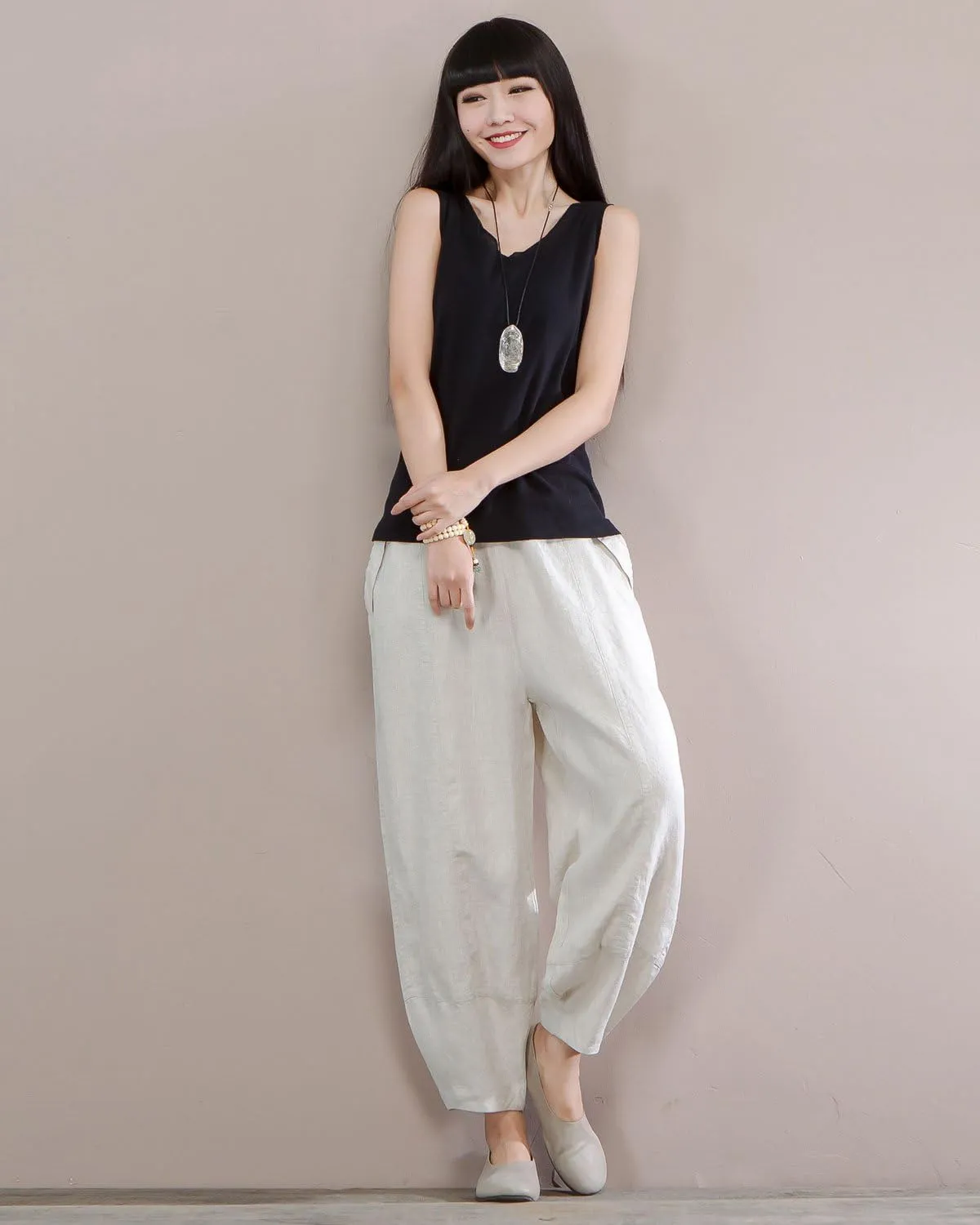 IXIMO Women's 100% Linen Pants Relax Fit Lantern Cropped TaperedPants Trousers with Elastic Waist