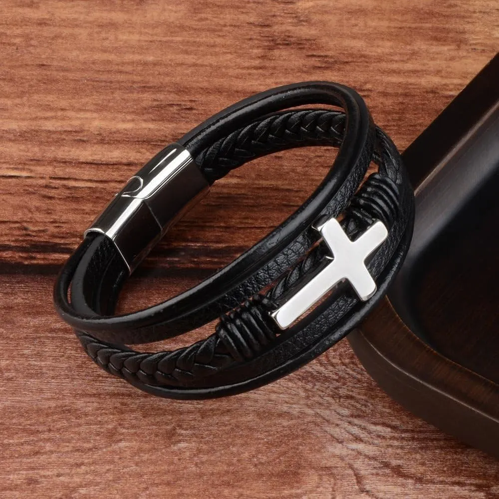 Leather Wrap Bracelets for Women with Stainless Steel Cross and Double Charm Pendant - Trendy Multi-Layer Cuff Bangle Bracelets with Link, Cable, and Bead Chain - Perfect Gifts for Women