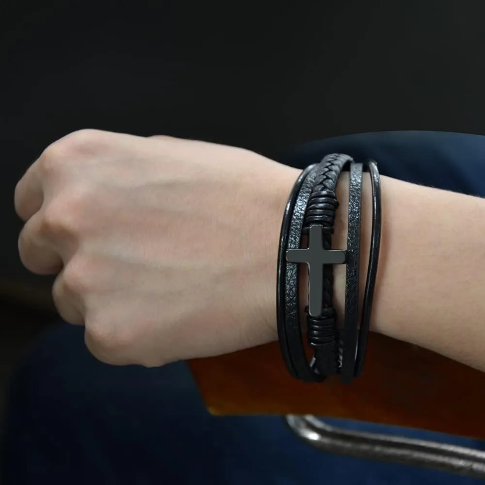 Leather Wrap Bracelets for Women with Stainless Steel Cross and Double Charm Pendant - Trendy Multi-Layer Cuff Bangle Bracelets with Link, Cable, and Bead Chain - Perfect Gifts for Women