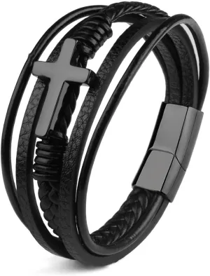 Leather Wrap Bracelets for Women with Stainless Steel Cross and Double Charm Pendant - Trendy Multi-Layer Cuff Bangle Bracelets with Link, Cable, and Bead Chain - Perfect Gifts for Women