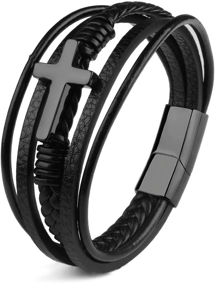 Leather Wrap Bracelets for Women with Stainless Steel Cross and Double Charm Pendant - Trendy Multi-Layer Cuff Bangle Bracelets with Link, Cable, and Bead Chain - Perfect Gifts for Women