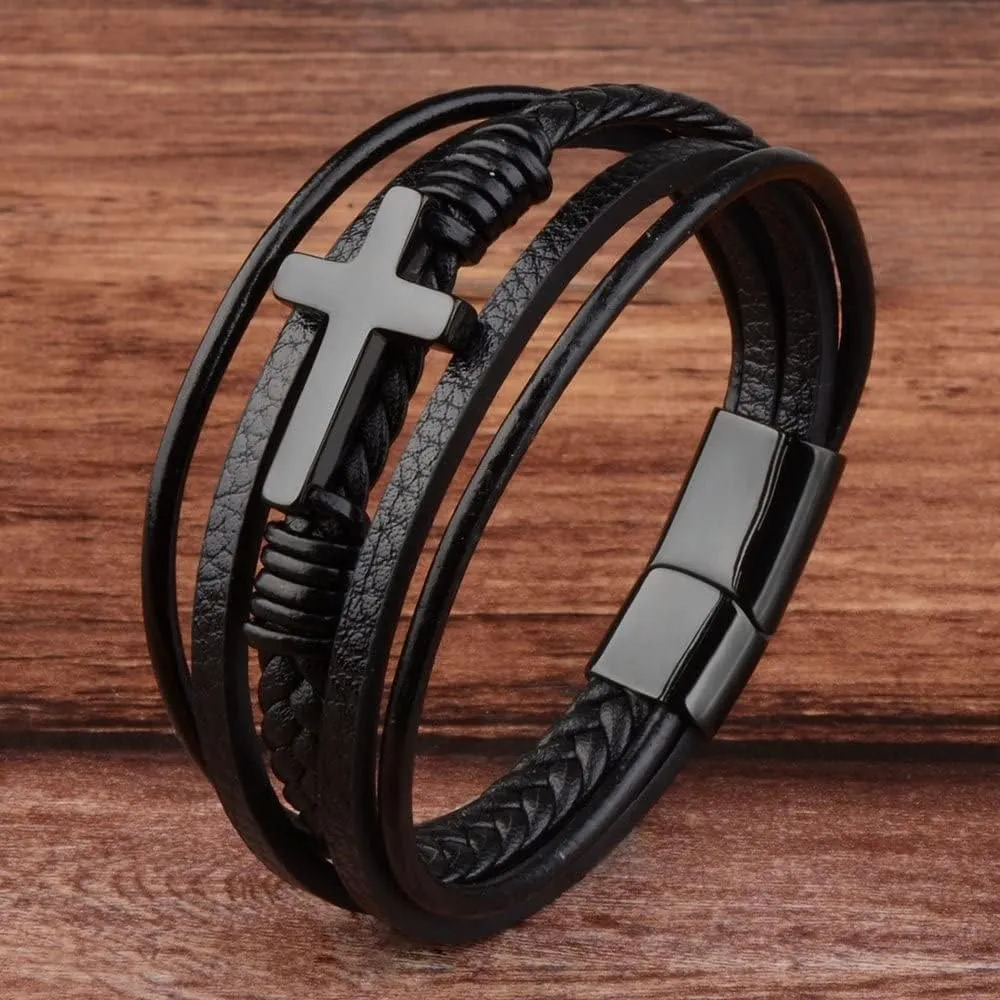 Leather Wrap Bracelets for Women with Stainless Steel Cross and Double Charm Pendant - Trendy Multi-Layer Cuff Bangle Bracelets with Link, Cable, and Bead Chain - Perfect Gifts for Women