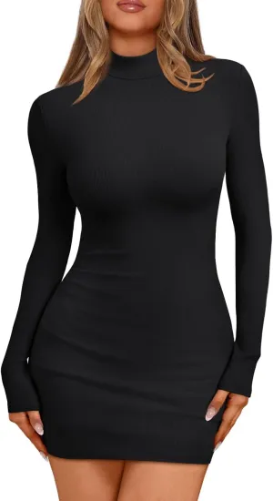 LILLUSORY Womens Mock Neck Ribbed Knit Long Sleeve Party Bodycon Mini Dresses