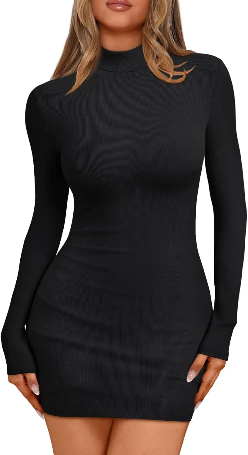 LILLUSORY Womens Mock Neck Ribbed Knit Long Sleeve Party Bodycon Mini Dresses