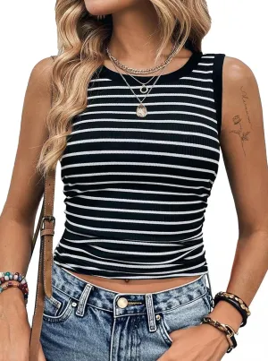 LilyCoco Womens Ribbed Tank Tops Striped Shirt Crew Neck Sleeveless Side Ruched Top