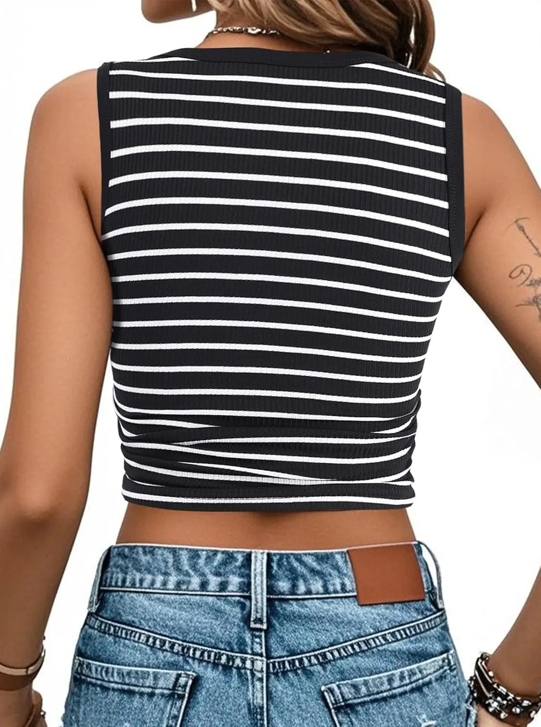 LilyCoco Womens Ribbed Tank Tops Striped Shirt Crew Neck Sleeveless Side Ruched Top