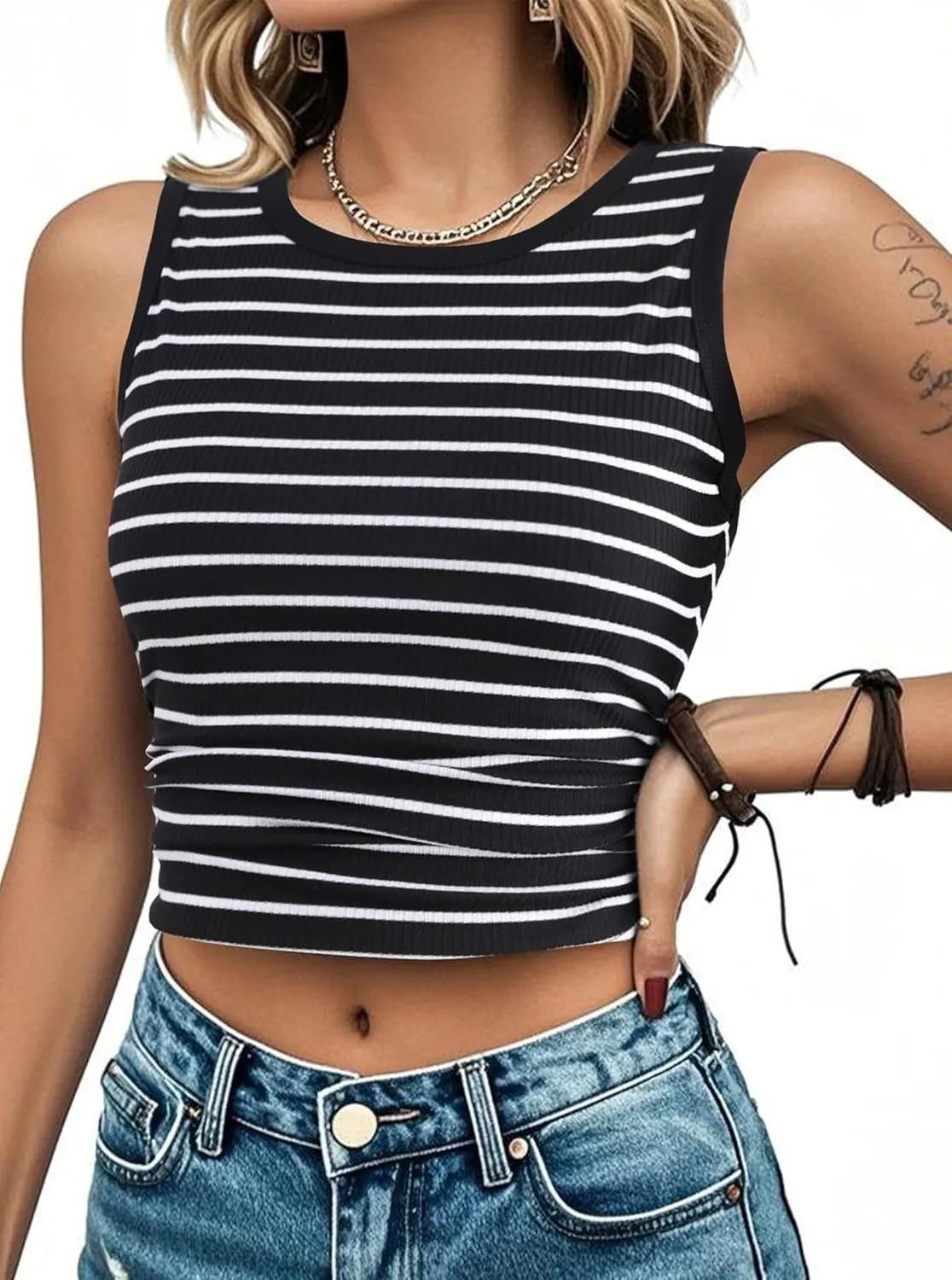 LilyCoco Womens Ribbed Tank Tops Striped Shirt Crew Neck Sleeveless Side Ruched Top