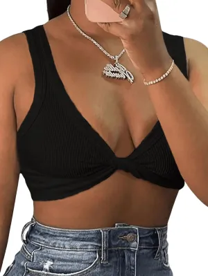 MakeMeChic Women's Crop Tank Top Ribbed Twist Front Sexy Cute Going Out Tops
