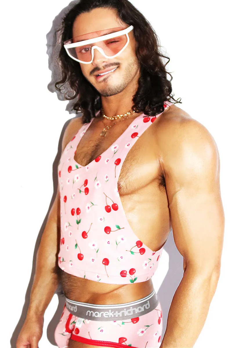 Maraschino Cherry Stem Crop Racerback Tank- Pink