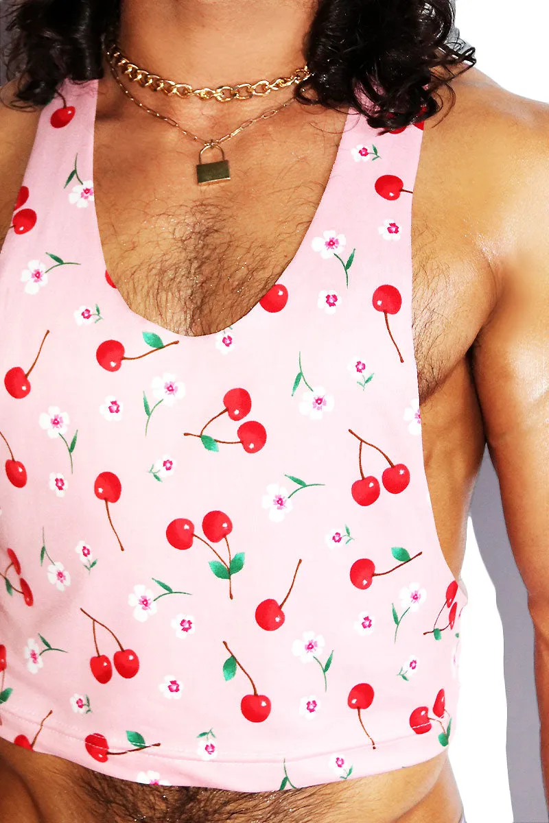 Maraschino Cherry Stem Crop Racerback Tank- Pink