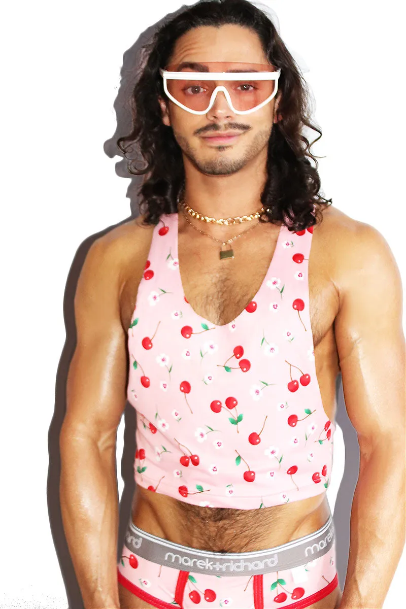 Maraschino Cherry Stem Crop Racerback Tank- Pink