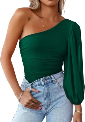 MASCOMODA Womens Fashion 2024 Spring Mesh Long Sleeve One Shoulder Tops Solid Stretch Ruched Lantern Sleeve Blouse Shirt