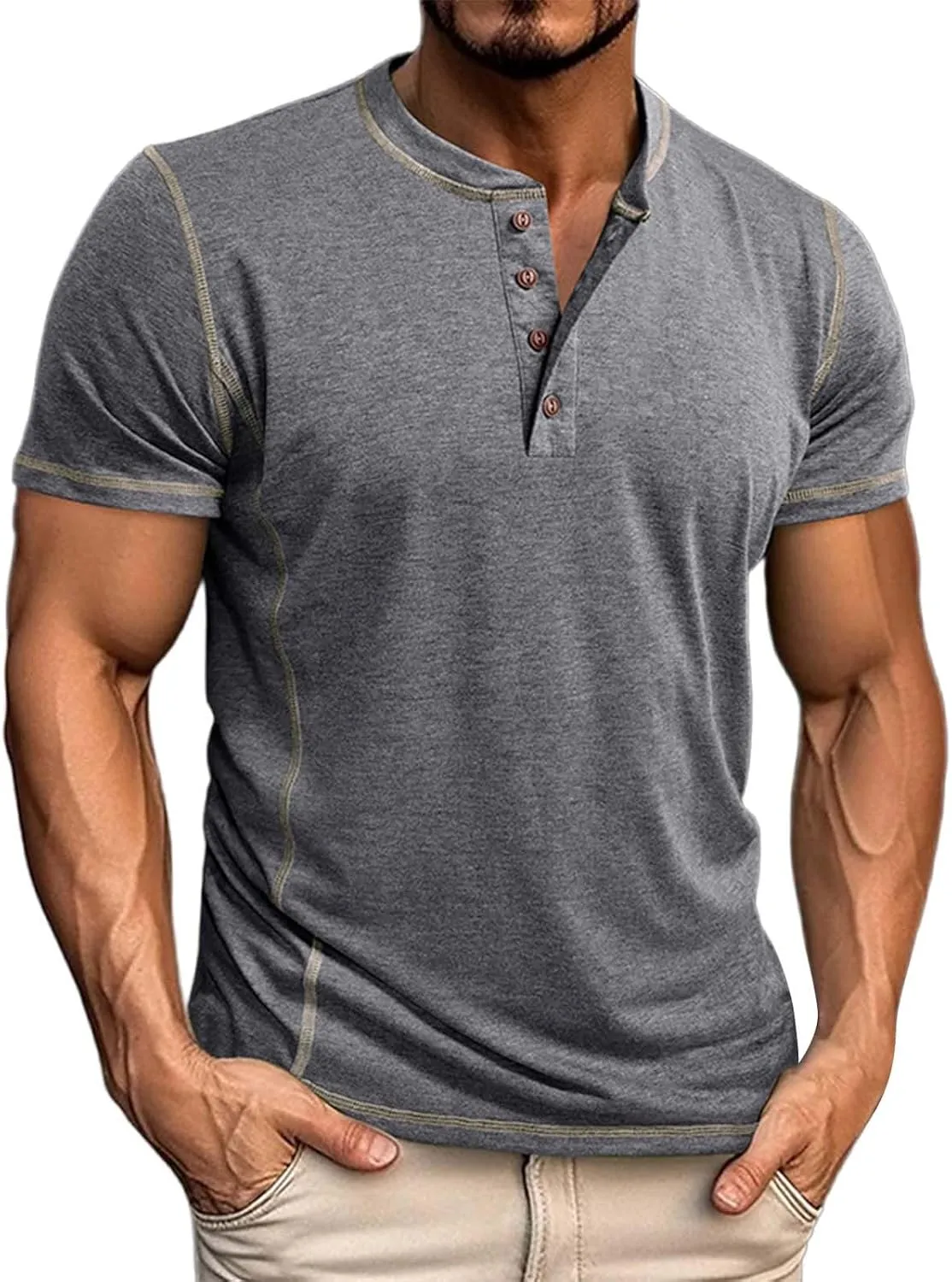 Mens Fashion Henley Shirt Short Sleeve Lightweight Cotton Gym Workout Fitness T-Shirts Button Pullover Summer Tees