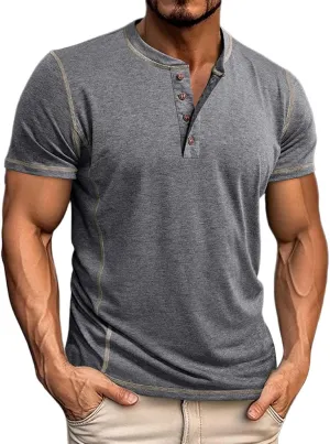 Mens Fashion Henley Shirt Short Sleeve Lightweight Cotton Gym Workout Fitness T-Shirts Button Pullover Summer Tees