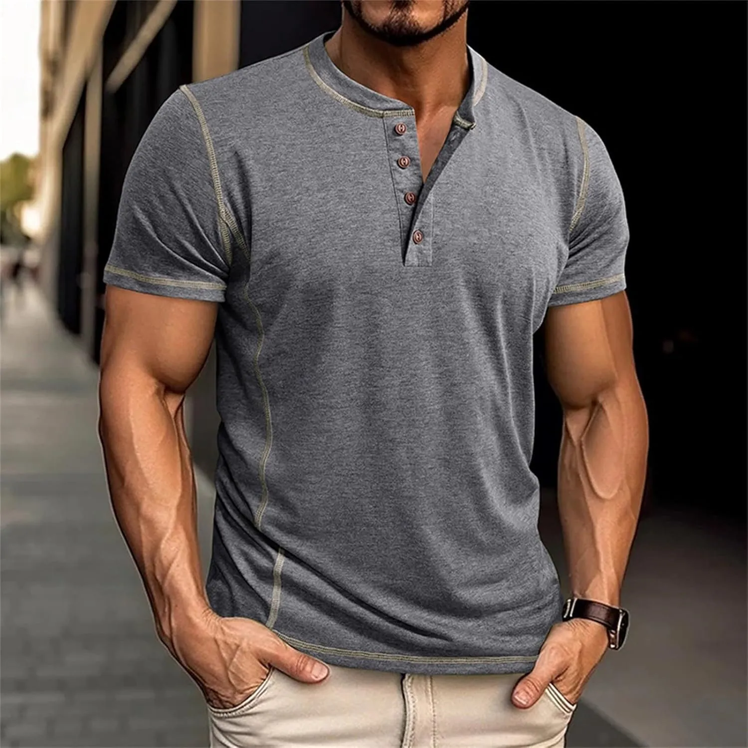 Mens Fashion Henley Shirt Short Sleeve Lightweight Cotton Gym Workout Fitness T-Shirts Button Pullover Summer Tees