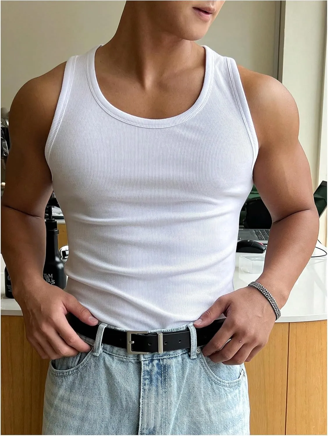 Men's Summer Tank Top Scoop Neck Knit Gym Workout Muscle Tank Undershirt Sleeveless Shirts
