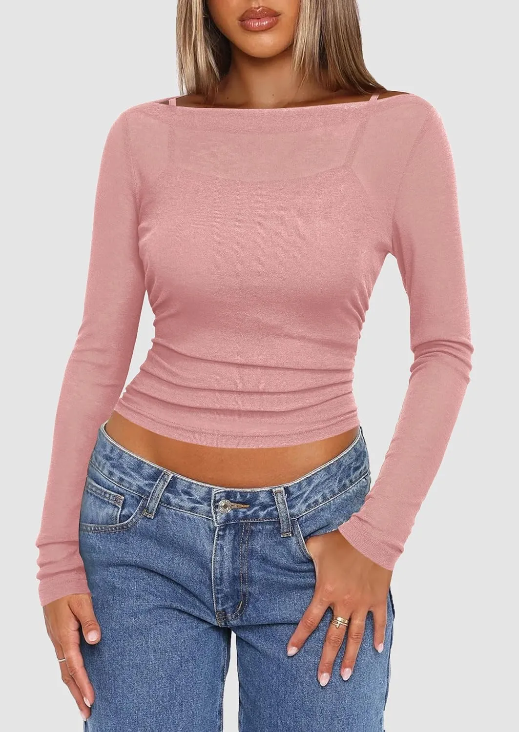 PRETTYGARDEN Women's Long Sleeve Sheer Crop Tops Boat Neck See Through Cover Up with Spaghetti Strap Camisole 2 Piece Blouses