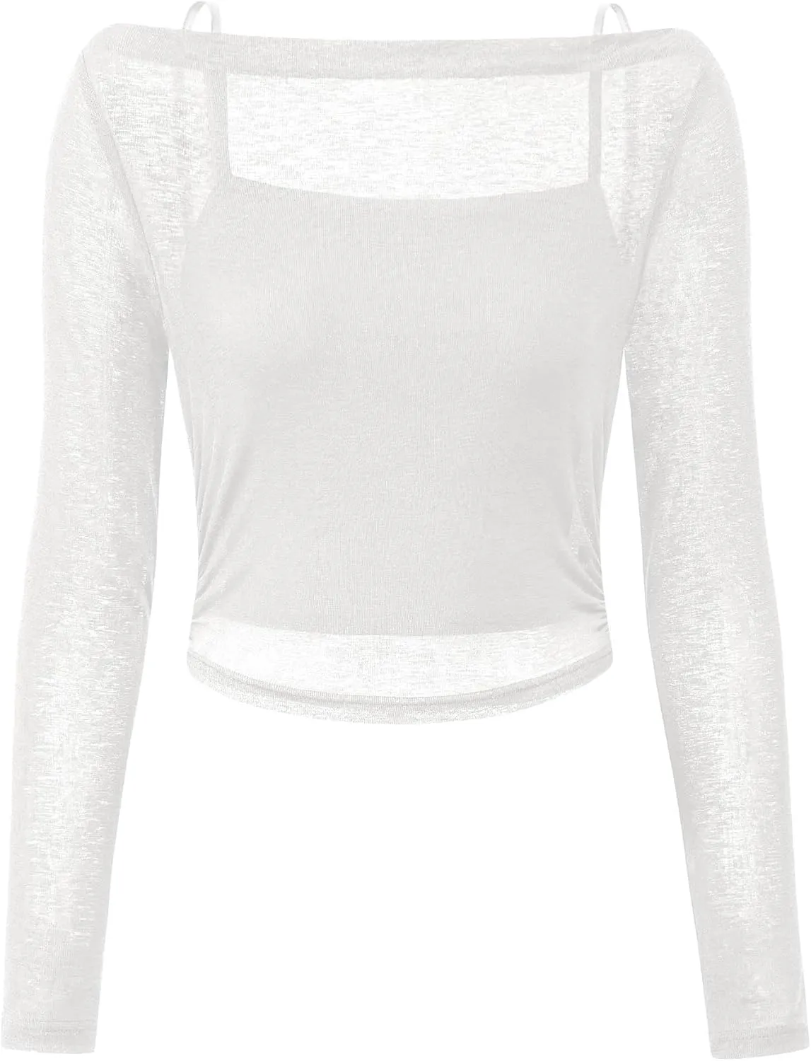 PRETTYGARDEN Women's Long Sleeve Sheer Crop Tops Boat Neck See Through Cover Up with Spaghetti Strap Camisole 2 Piece Blouses