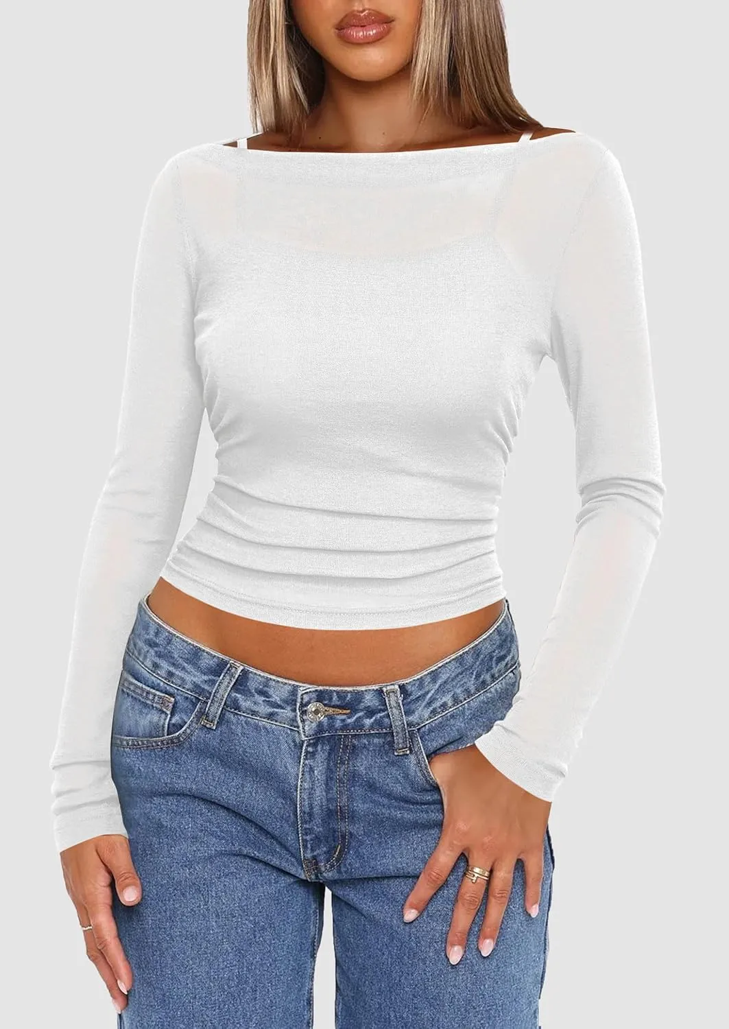 PRETTYGARDEN Women's Long Sleeve Sheer Crop Tops Boat Neck See Through Cover Up with Spaghetti Strap Camisole 2 Piece Blouses