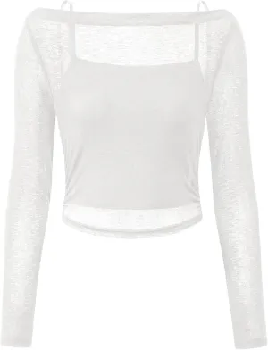PRETTYGARDEN Women's Long Sleeve Sheer Crop Tops Boat Neck See Through Cover Up with Spaghetti Strap Camisole 2 Piece Blouses