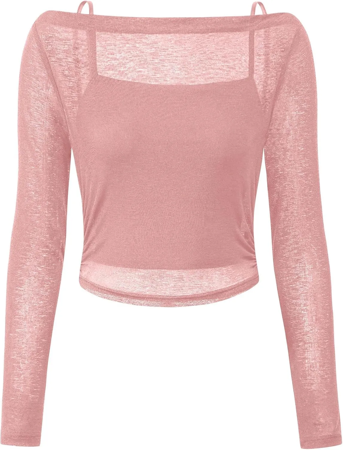 PRETTYGARDEN Women's Long Sleeve Sheer Crop Tops Boat Neck See Through Cover Up with Spaghetti Strap Camisole 2 Piece Blouses