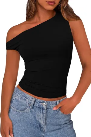 PRETTYGARDEN Women's Off The Shoulder Crop Tank Tops 2025 Summer Trendy Casual Sleeveless Ruched Fitted Going Out Shirts