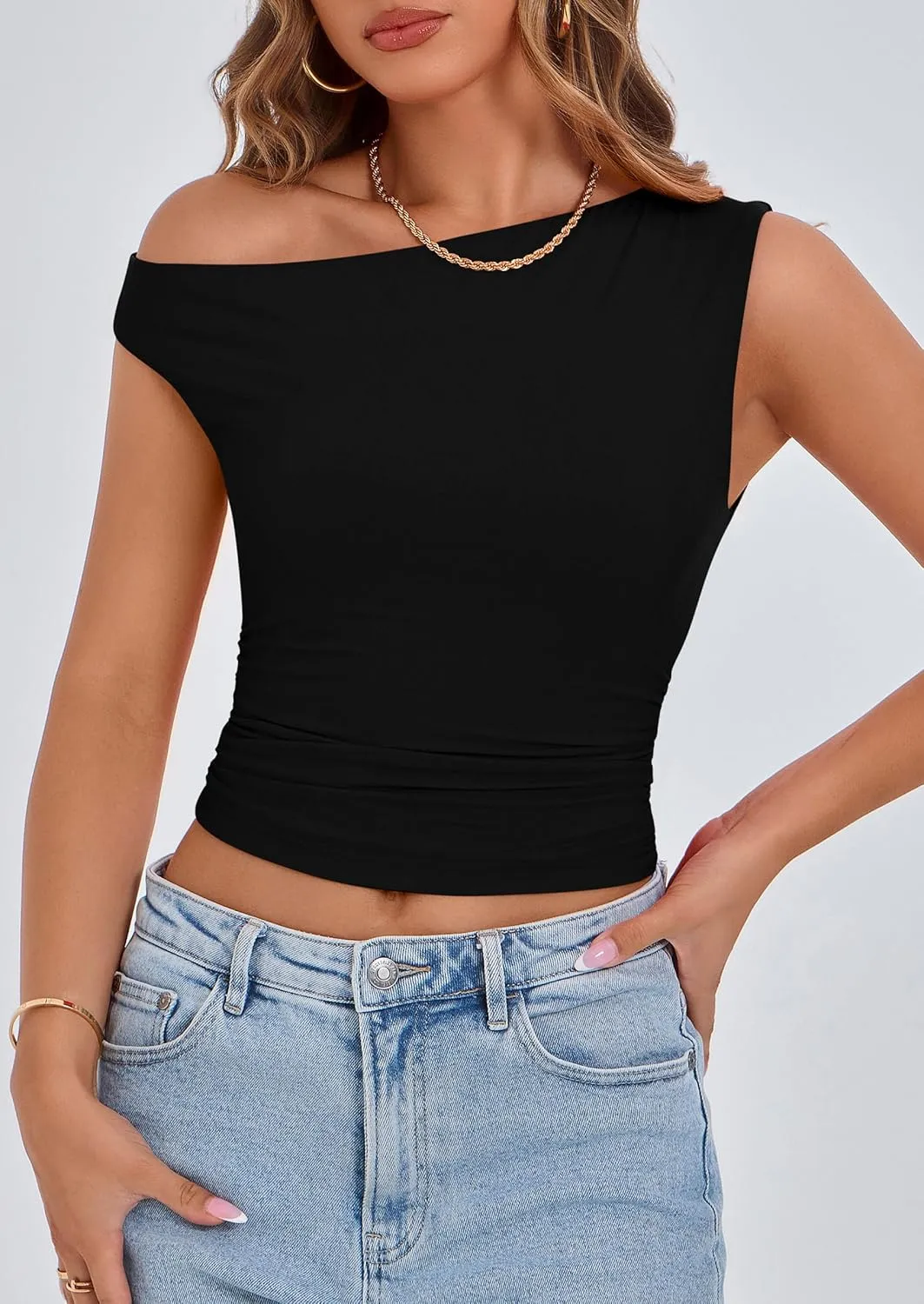 PRETTYGARDEN Women's Off The Shoulder Crop Tank Tops 2025 Summer Trendy Casual Sleeveless Ruched Fitted Going Out Shirts