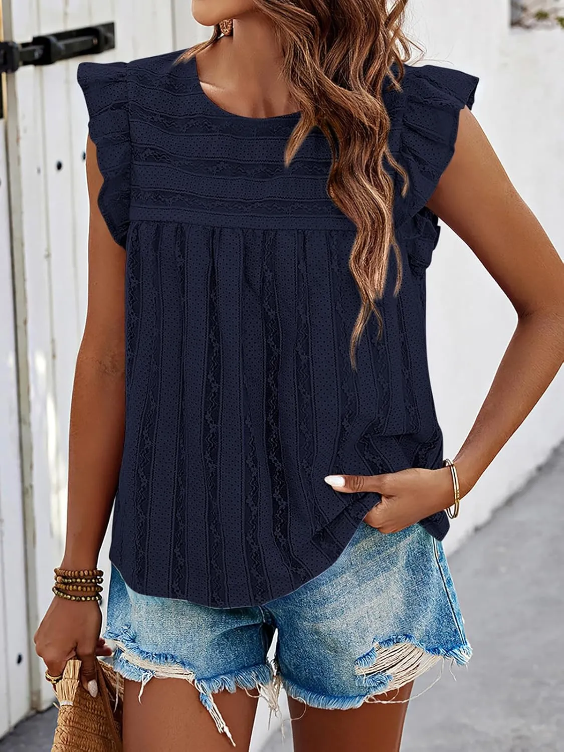 PRETTYGARDEN Women's Summer Cute Tank Top Crewneck Ruffle Sleeveless Hollow Out Eyelet Lace Spring Blouse Shirts
