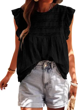 PRETTYGARDEN Women's Summer Cute Tank Top Crewneck Ruffle Sleeveless Hollow Out Eyelet Lace Spring Blouse Shirts
