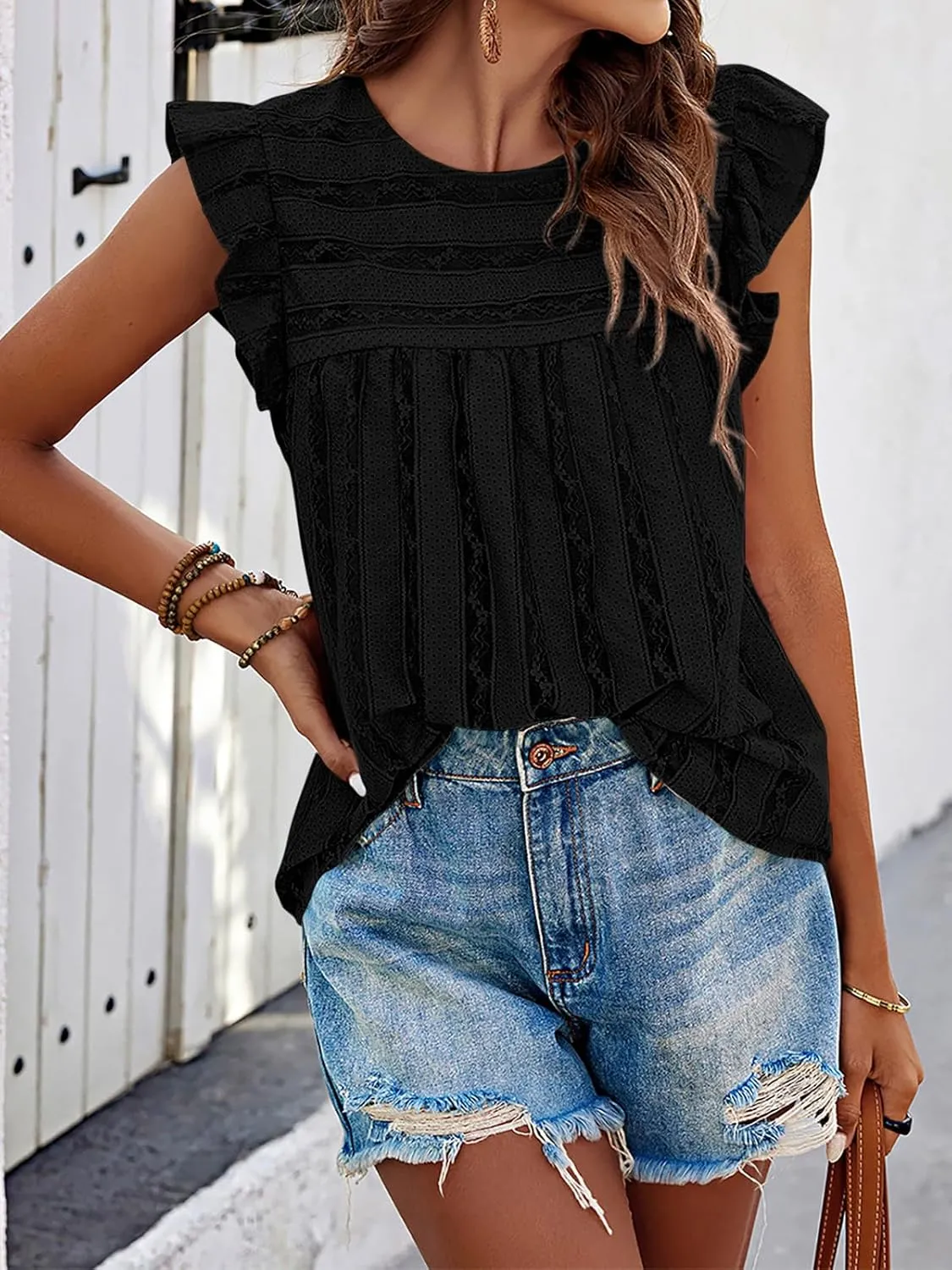 PRETTYGARDEN Women's Summer Cute Tank Top Crewneck Ruffle Sleeveless Hollow Out Eyelet Lace Spring Blouse Shirts