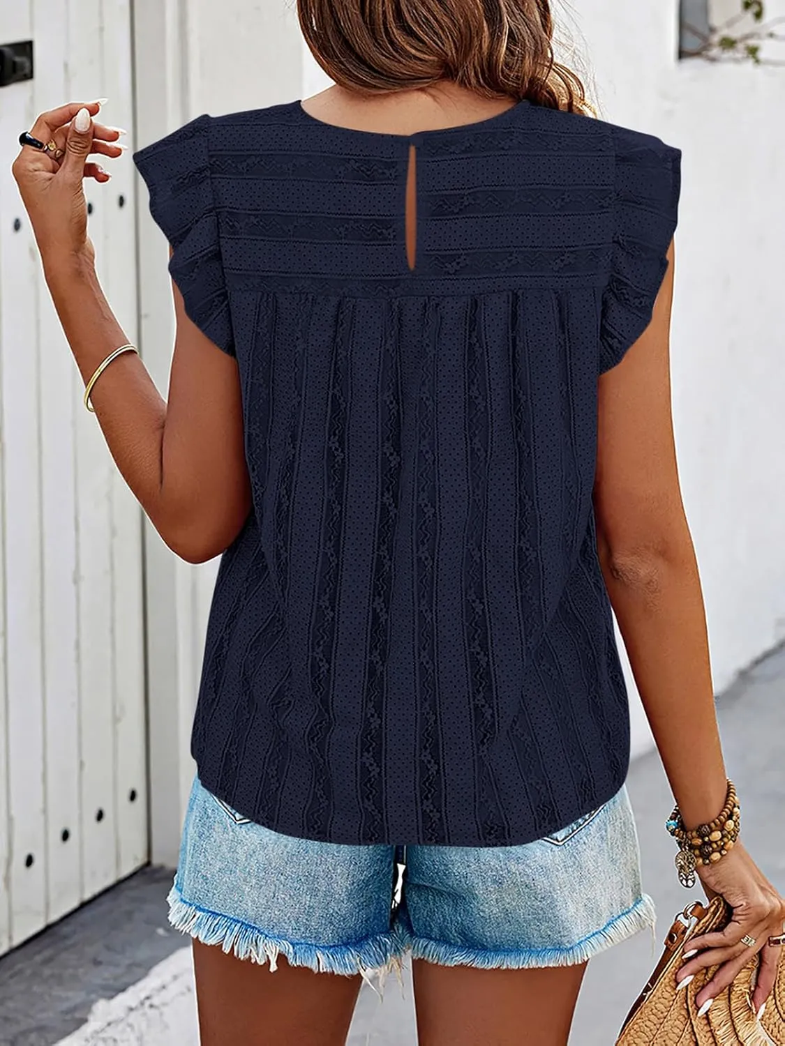 PRETTYGARDEN Women's Summer Cute Tank Top Crewneck Ruffle Sleeveless Hollow Out Eyelet Lace Spring Blouse Shirts