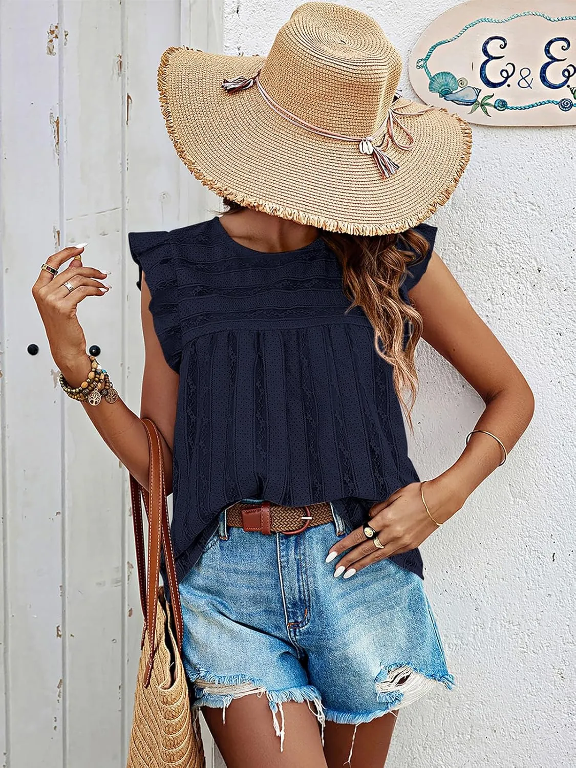 PRETTYGARDEN Women's Summer Cute Tank Top Crewneck Ruffle Sleeveless Hollow Out Eyelet Lace Spring Blouse Shirts