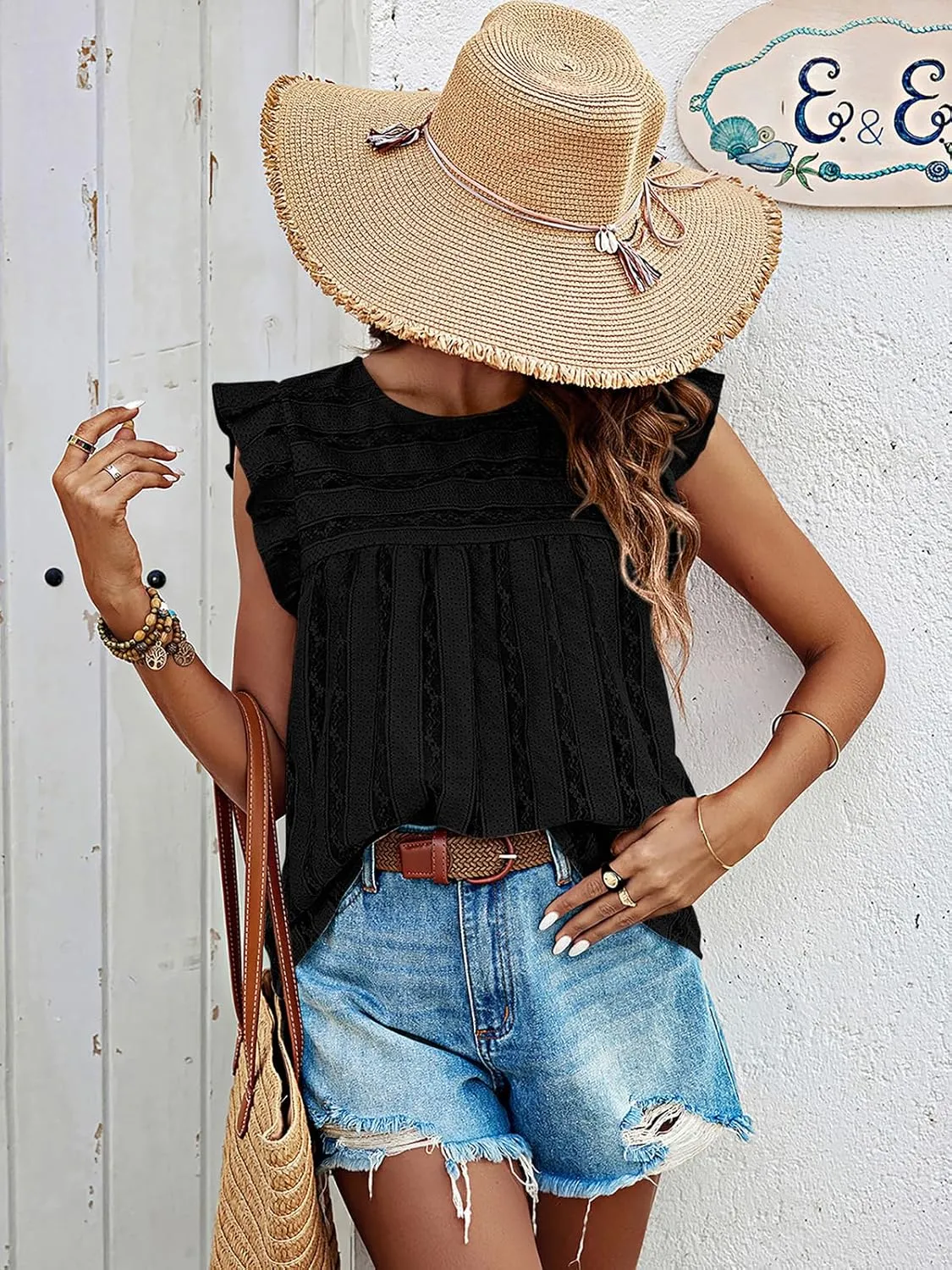 PRETTYGARDEN Women's Summer Cute Tank Top Crewneck Ruffle Sleeveless Hollow Out Eyelet Lace Spring Blouse Shirts