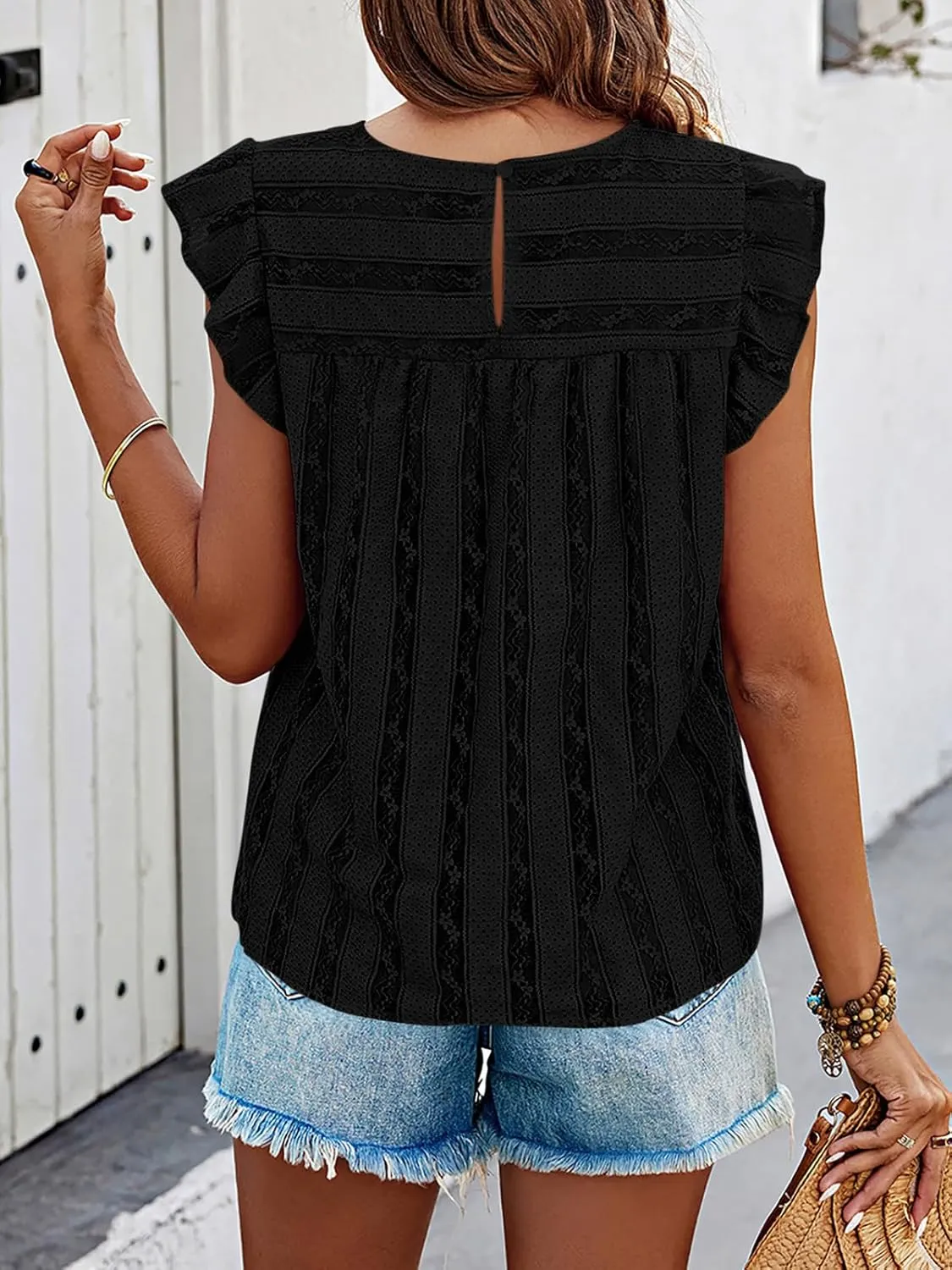 PRETTYGARDEN Women's Summer Cute Tank Top Crewneck Ruffle Sleeveless Hollow Out Eyelet Lace Spring Blouse Shirts