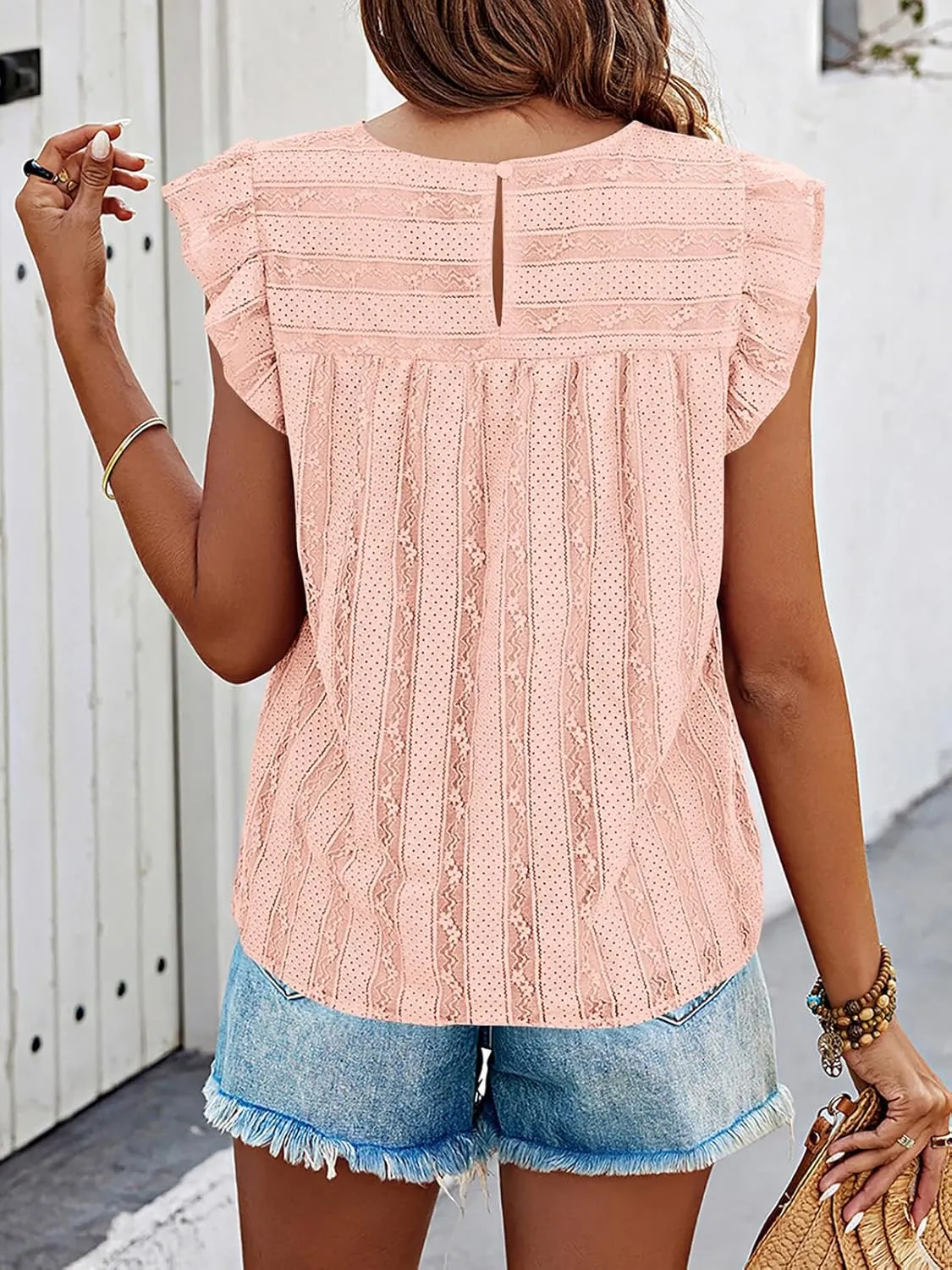 PRETTYGARDEN Women's Summer Cute Tank Top Crewneck Ruffle Sleeveless Hollow Out Eyelet Lace Spring Blouse Shirts