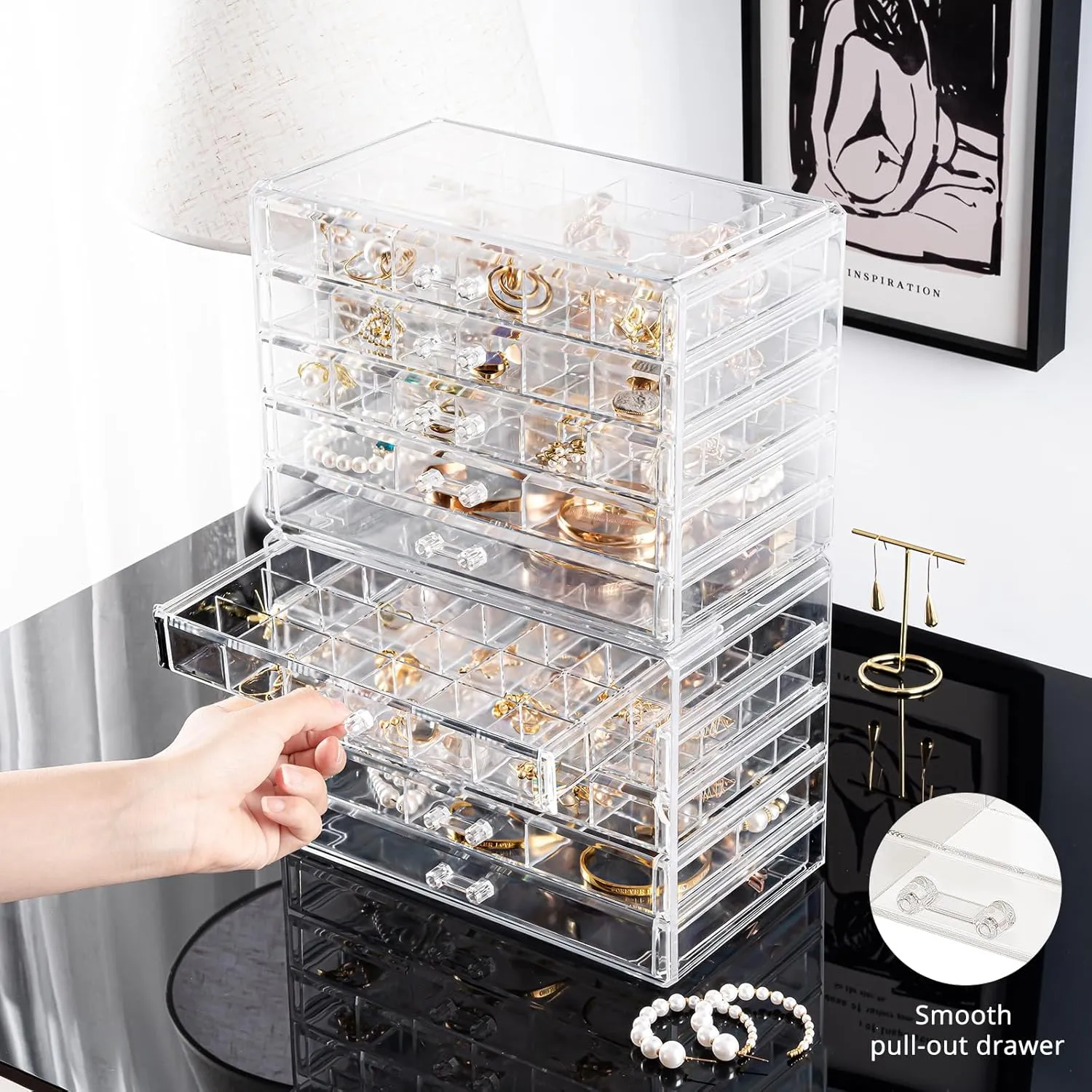 ProCase Acrylic Earrings Holder Organizer Box, Large Clear Earring Jewelry Storage Organizer Box Transparent Stackable Drawers Jewelry Display for Earrings Necklace Bracelets Rings - 10 Layers