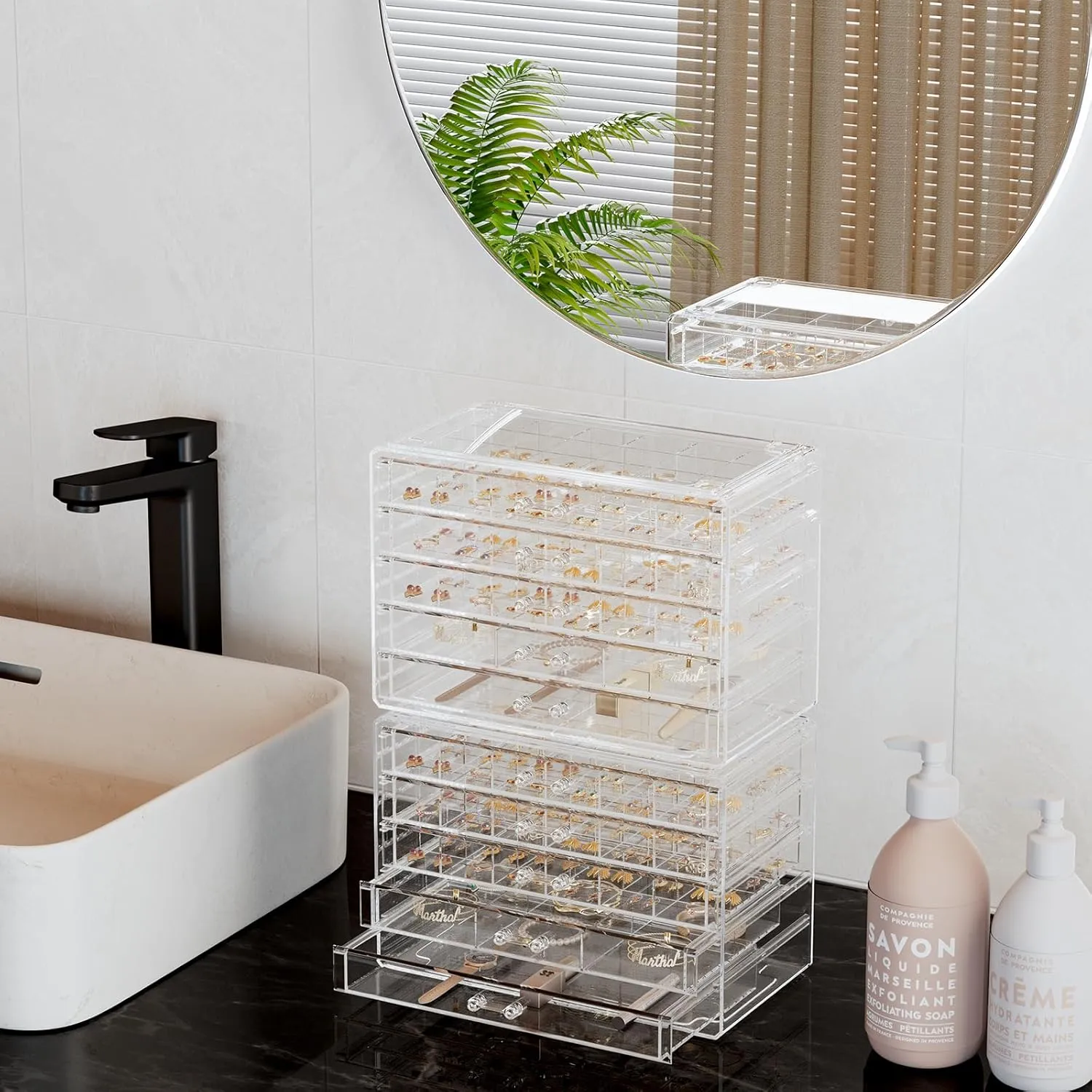 ProCase Acrylic Earrings Holder Organizer Box, Large Clear Earring Jewelry Storage Organizer Box Transparent Stackable Drawers Jewelry Display for Earrings Necklace Bracelets Rings - 10 Layers